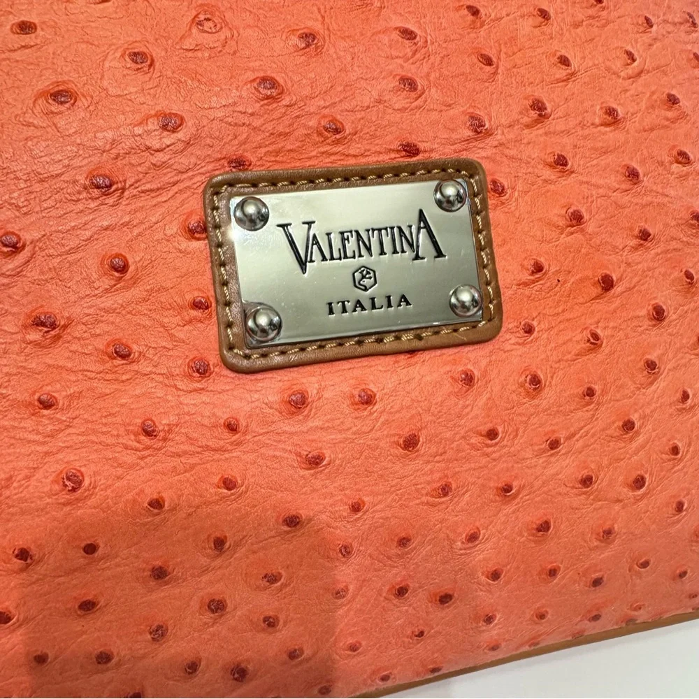Valentina Orange Ostrich Embossed Leather Satchel‎ Crossbody Bag Top Handle